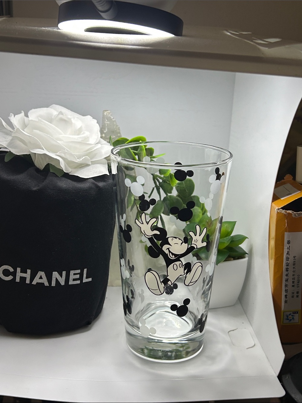 CHANEL Clear Glass Vase with Black and White Mickey Motif